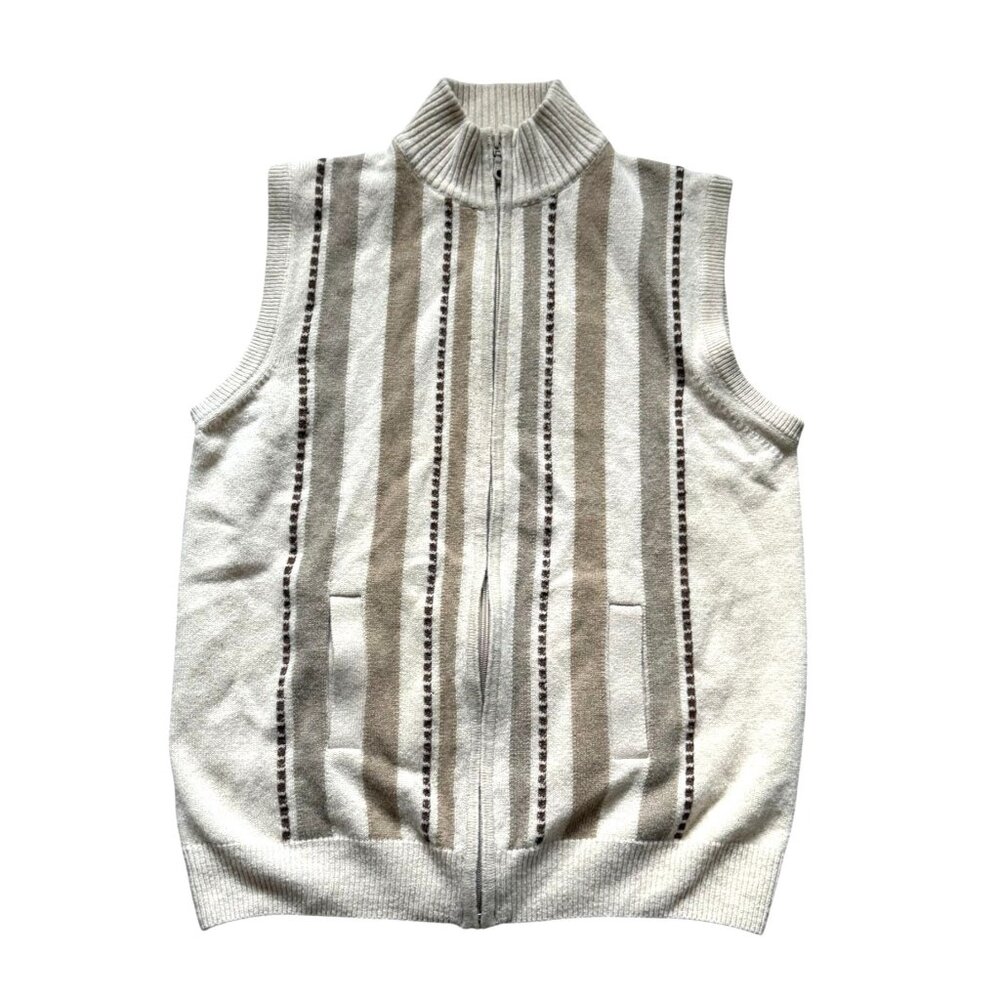Oxford 100% Lambswool Zip-Front Sweater Vest Men's Size 38 Beige Striped Office